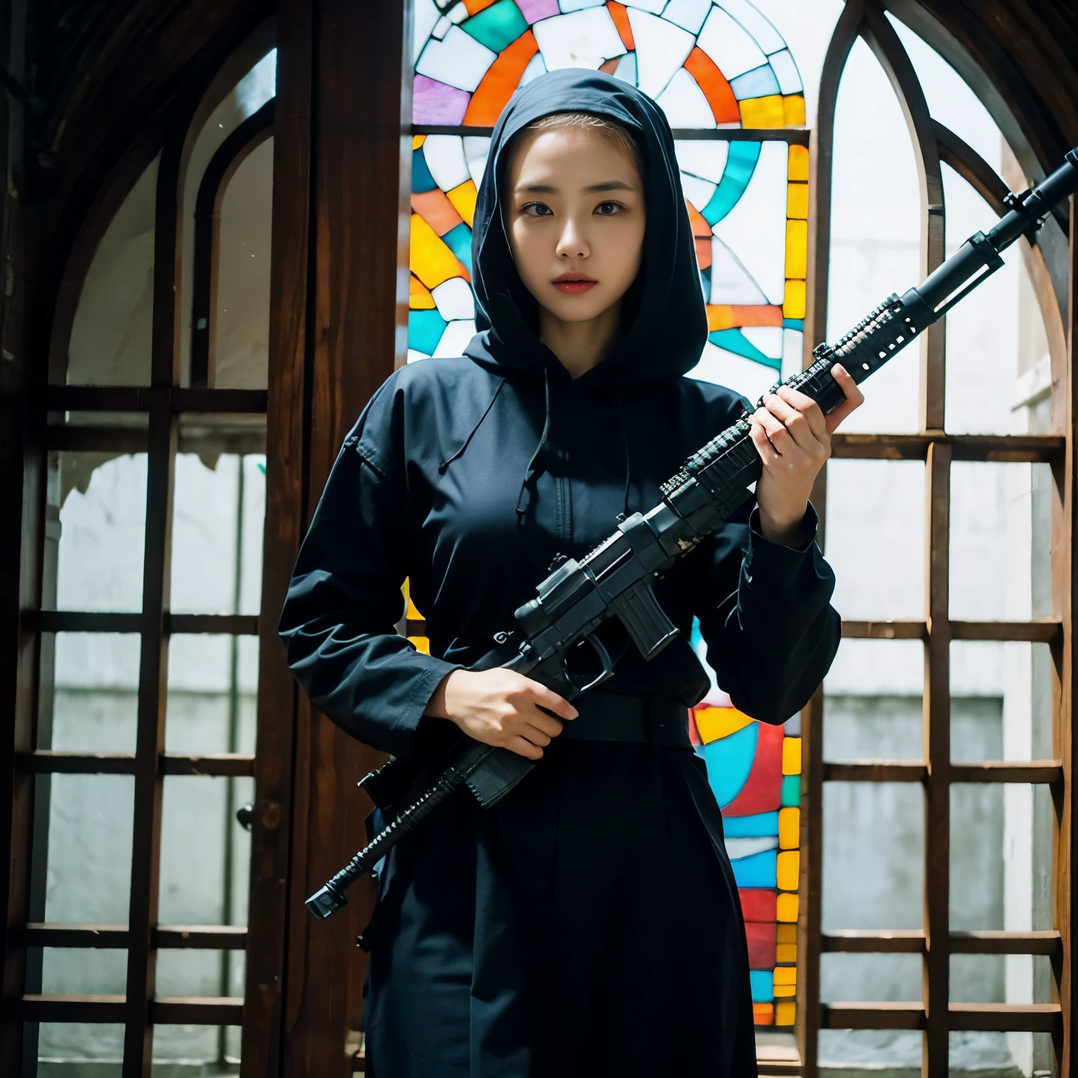 A beautiful nun、Very beautiful woman、Big Breasts、(Skinhead:1.6)、(Wearing a nun's hood:1.3)、(Wear lingerie:1.3)、(Keep your assault rifle aimed at the viewer:1.67)、Cowboy Shot、Dynamic Pose、Standing at the altar of the chapel、Stained glass、Hymns、It's a solemn atmosphere.