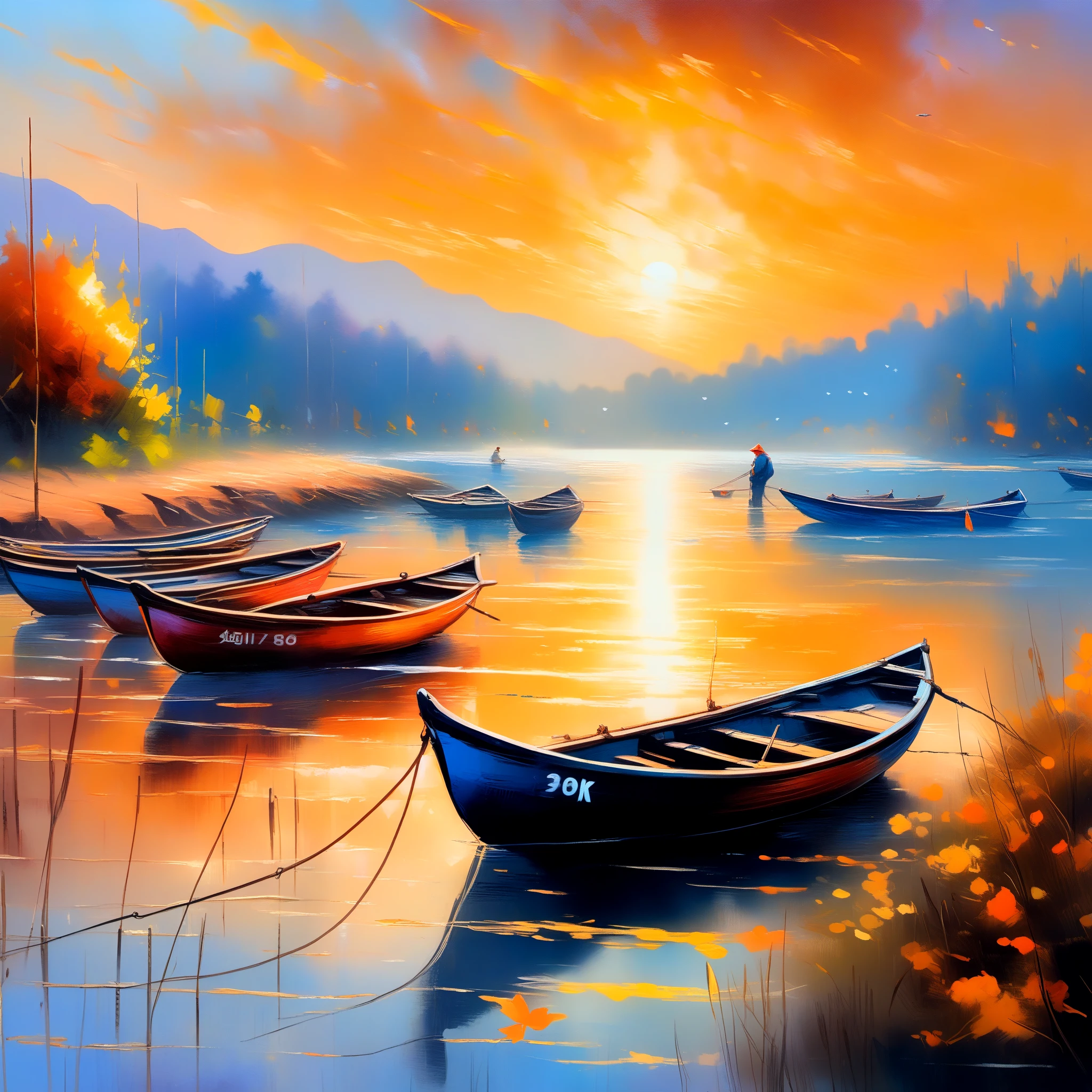 (8k, best quality, masterpiece: 1.2), (best quality: 1.0), (ultra highres: 1.0), impressionism oil painting, fishing boats at sunset, several fishing boats anchored in the river and in the sand, reflection of the boats in the calm and gentle river, small waves, bucolic art, detailed painting, epic painting, full of colors and rich details, canoes with fishing fish, detailed painting design extremely luminous and brilliant, (ink: 1.3), autumn lights