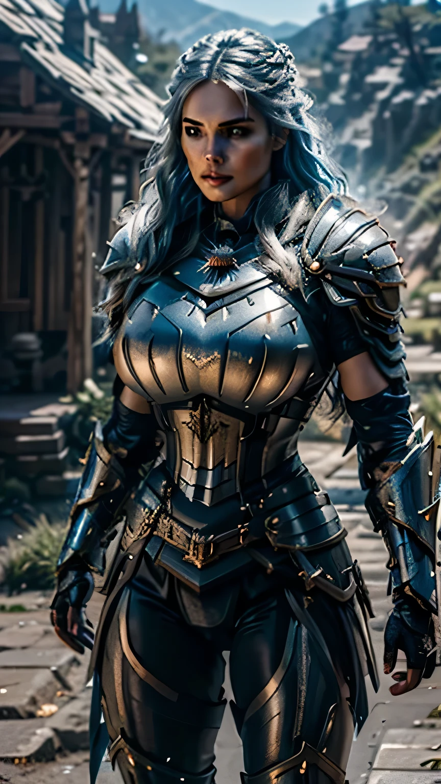 8K,asgard female warrior with very big breasts,Super beautiful(like the real thing),black very large chest armor,realistic skin,luxury black pants,Has a large, long black spear,sexy,muscular slim body,ripped abs,black shoulder armor,black waist armor,black leg armor,desert, rich colors, Backlight, cinematic lighting, film grain, RAW, 50mm lens,nikon　D850,ultra high resolution,Super realistic,goddess,battle scene,action scene,action pose,shine a light on the face, long wavy blue hair, the Witcher, the Witcher armor, yennefer