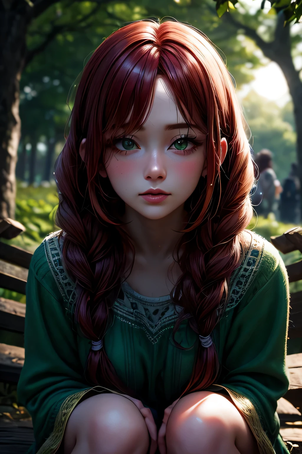 hd, (The finest details) (最high quality), Girls in their 20s,Redhead woman with long red braided hair and a green dress taking a photo, Mature and gorgeous, Natural light and shadow､ (Detailed face), (Beautiful fine details), Dynamic pose), masterpiece, 最high quality, high quality, High resolution, (Face close-up)､In the park on a moonlit night､squatting down