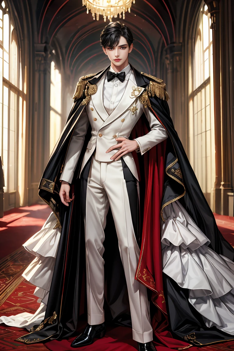 masterpiece, 最high quality, high quality, 1 boy, alone, male focus, looking at the viewer, whole body, Winning spirit_destiny, Messy black hair, blue adorable big eyes, white people, Noble, Noble, noble vampire、An elegant tuxedo,A very large, very tall stand-up collar, a very large, very long, long cape that reaches down to the floor, made of a lot of fabric, red and black., ,cute beautiful boy,cute cute handsome boy