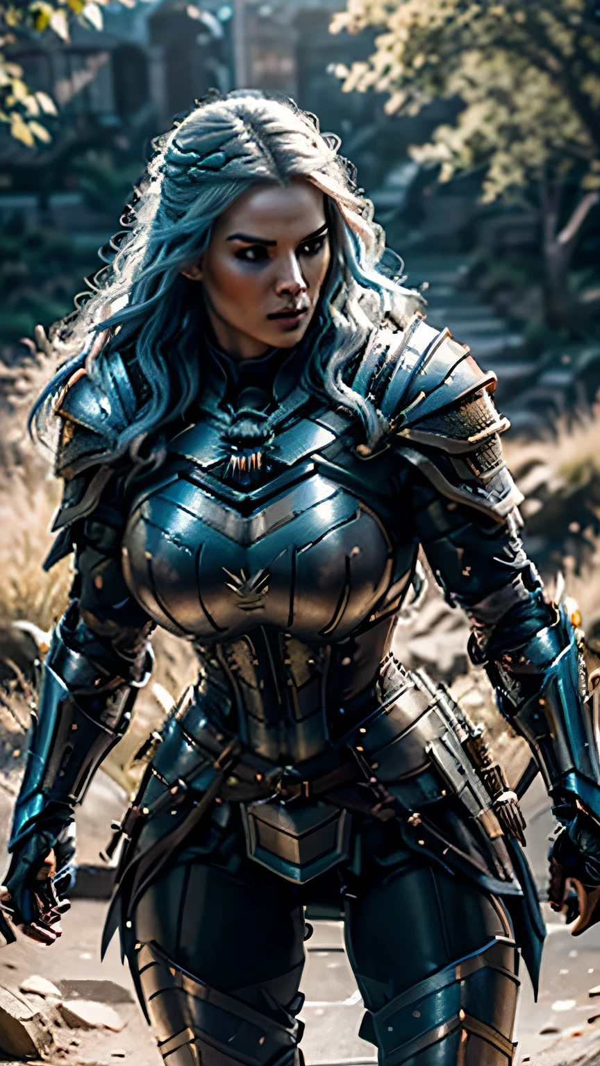 8K,asgard female warrior with very big breasts,Super beautiful(like the real thing),black very large chest armor,realistic skin,luxury black pants,Has a large, long black spear,sexy,muscular slim body,ripped abs,black shoulder armor,black waist armor,black leg armor,desert, rich colors, Backlight, cinematic lighting, film grain, RAW, 50mm lens,nikon D850,ultra high resolution,Super realistic,goddess,battle scene,action scene,action pose,shine a light on the face, long wavy blue hair, the Witcher, the Witcher armor, yennefer