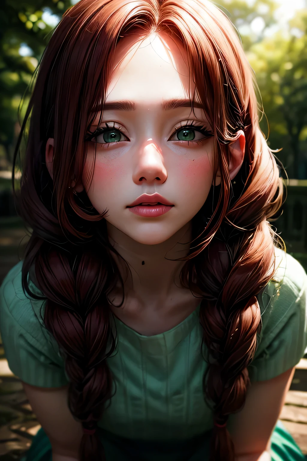 hd, (The finest details) (最high quality), Girls in their 20s,Redhead woman with long red braided hair and a green dress taking a photo, Mature and gorgeous, Natural light and shadow､ (Detailed face), (Beautiful fine details), Dynamic pose), masterpiece, 最high quality, high quality, High resolution, (Face close-up)､In the park on a moonlit night､squatting down