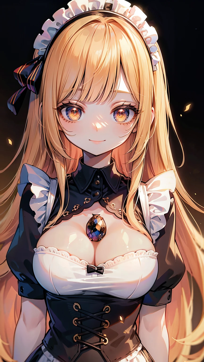18 year old beautiful girl, big eyes, large breasts, and slender, 8K, top quality, (very detailed head: 1.0), (very detailed face: 1.0), (very detailed hair: 1.0), maid clothes, very detailed official artwork, anime moe art style, clean detailed anime art, smile, golden hair, smooth long hair