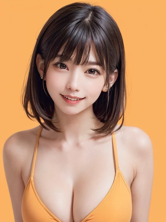 (software:1.8、masterpiece, highest quality), One girl, alone, have, Realistic, Realistic, Looking at the audience, Light brown eyes, Brunette short bob hair with highly detailed shiny hair, short hair:1.8、Beautiful face in symmetry、sport swimsuit:1.6, Whity, lips, bangs, Outdoor, Mouth closed, Upper Body、Big eyes、eyelash、((Very simple light orange background:1.8))、(((bangsのあるshort hair、Big eyes、big and full 胸、Looking at the audience、Beautiful beauty、show me your ears、Long neck、smile、please close your mouth and smile)))、ideal body shape、((({Huge|big|Huge|Mega} Chest 2, Cleavage:2、happy smile、Beautiful Teeth、)))