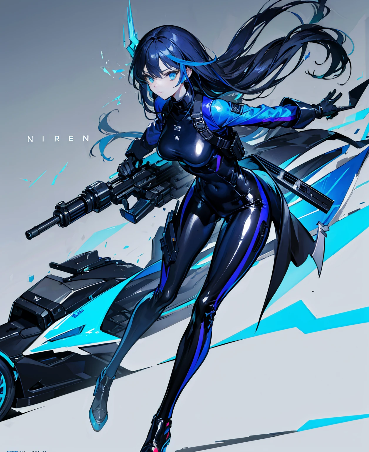 There is no background,girl,Carry a firearm,Patent leather tight suit,Use of firearms,Navy blue long hair,attention arousal,Blue colored eyes,No gradients
