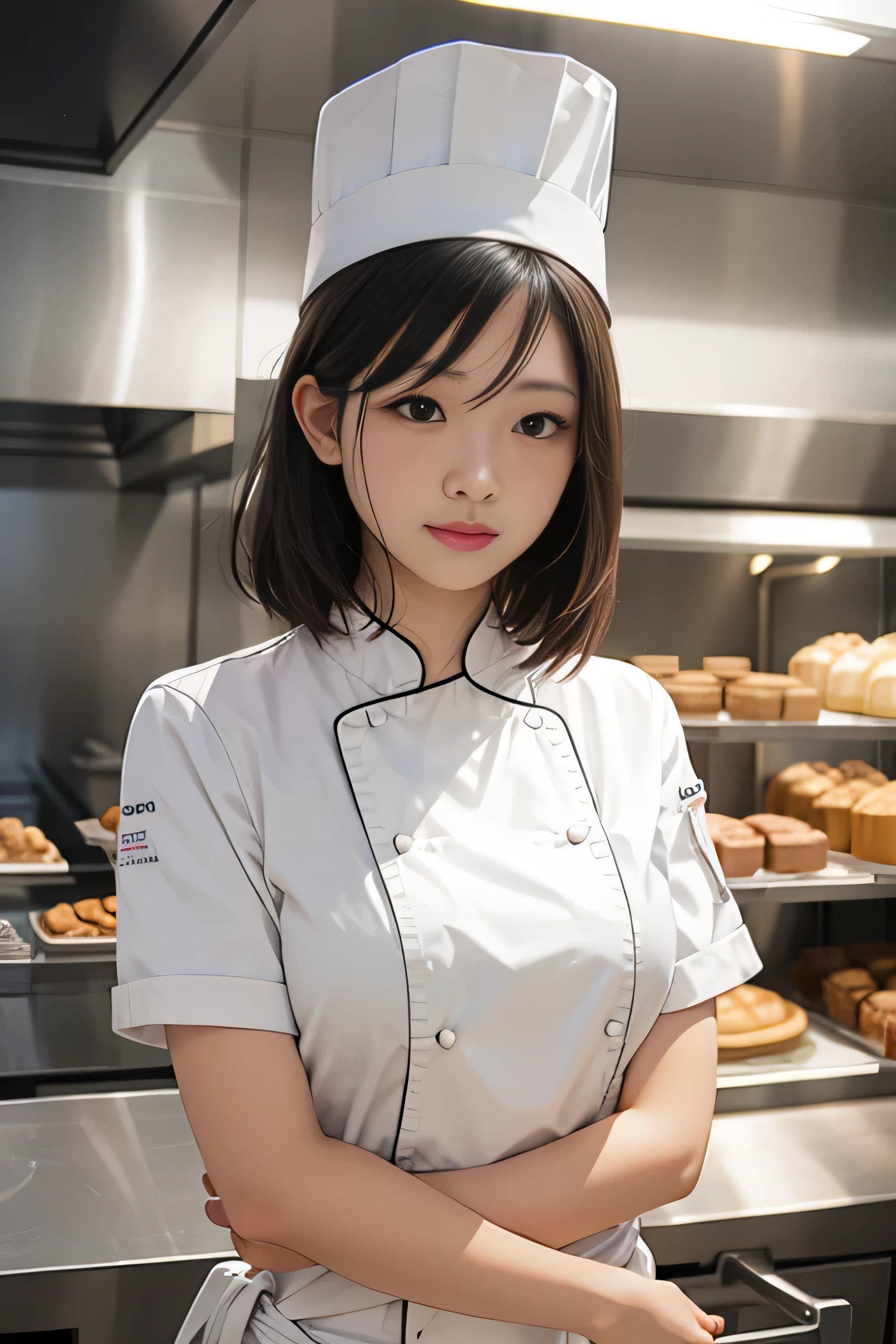 lady ,20 years old, Buzz cut hair style , lecturer, Malaysian , work at Tourism Management, chef wear,Bakery & Pastry Arts,((( wear chef hat)))