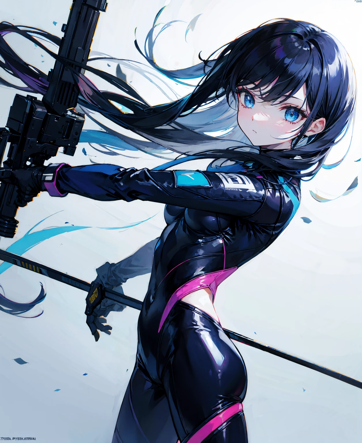 There is no background,girl,Carry a firearm,Patent leather tight suit,Use of firearms,Navy blue long hair,attention arousal,Blue colored eyes,No gradients