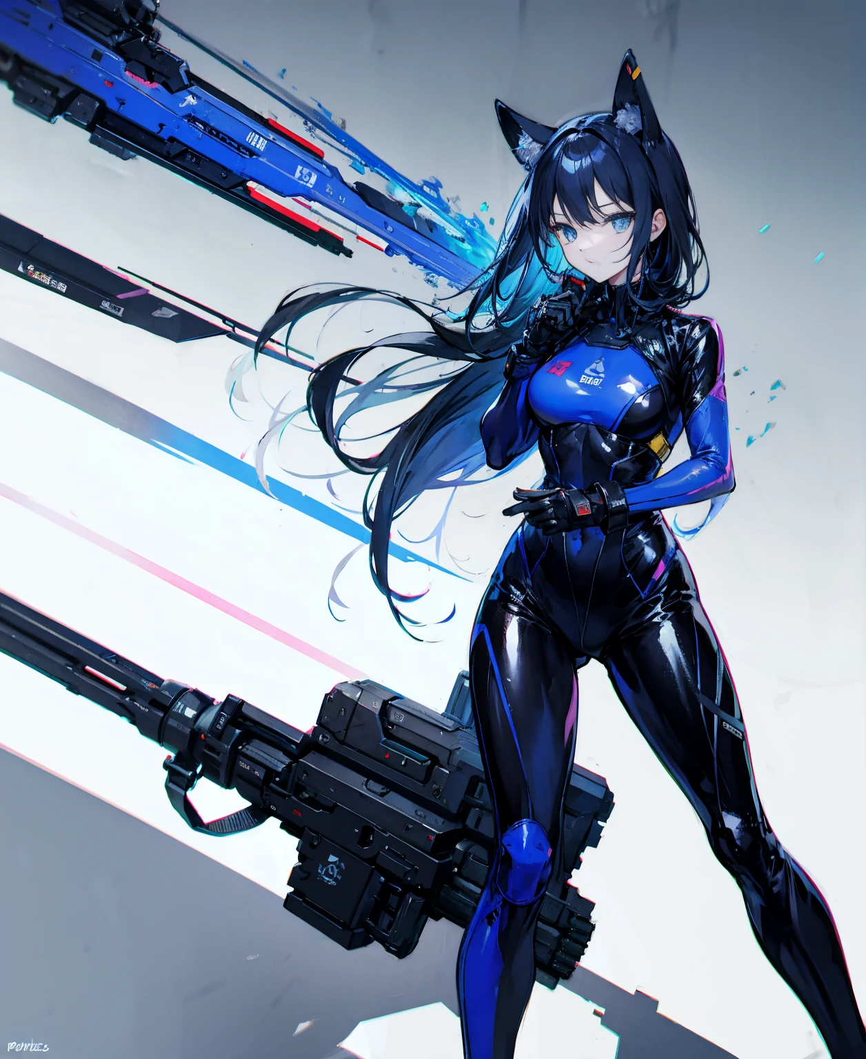 There is no background,girl,Carry a firearm,Patent leather tight suit,Use of firearms,Navy blue long hair,attention arousal,Blue colored eyes,No gradients