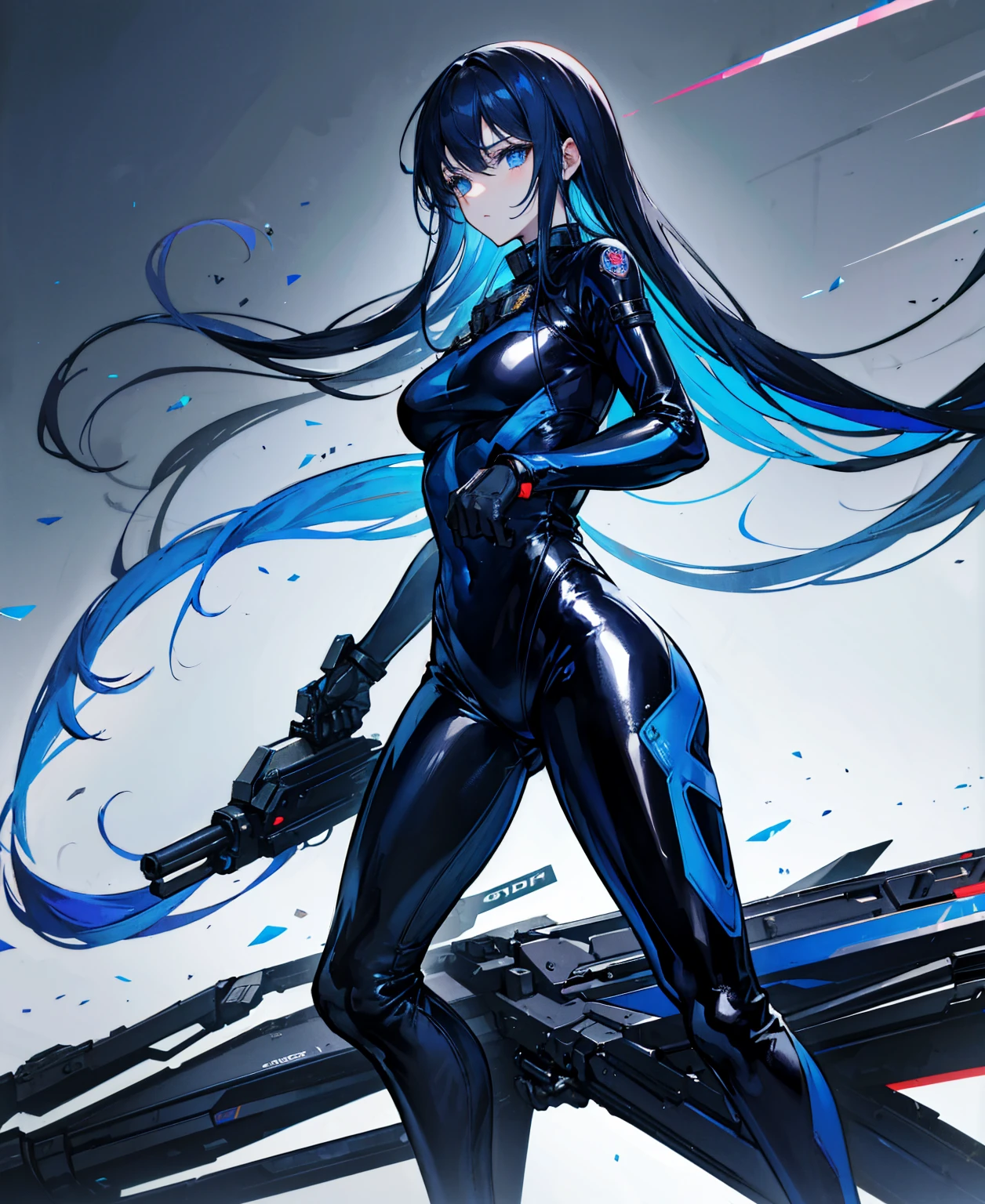 There is no background，girl，Carry a firearm，Patent leather tight suit，Use of firearms，Navy blue long hair，attention arousal，Blue colored eyes,No gradients