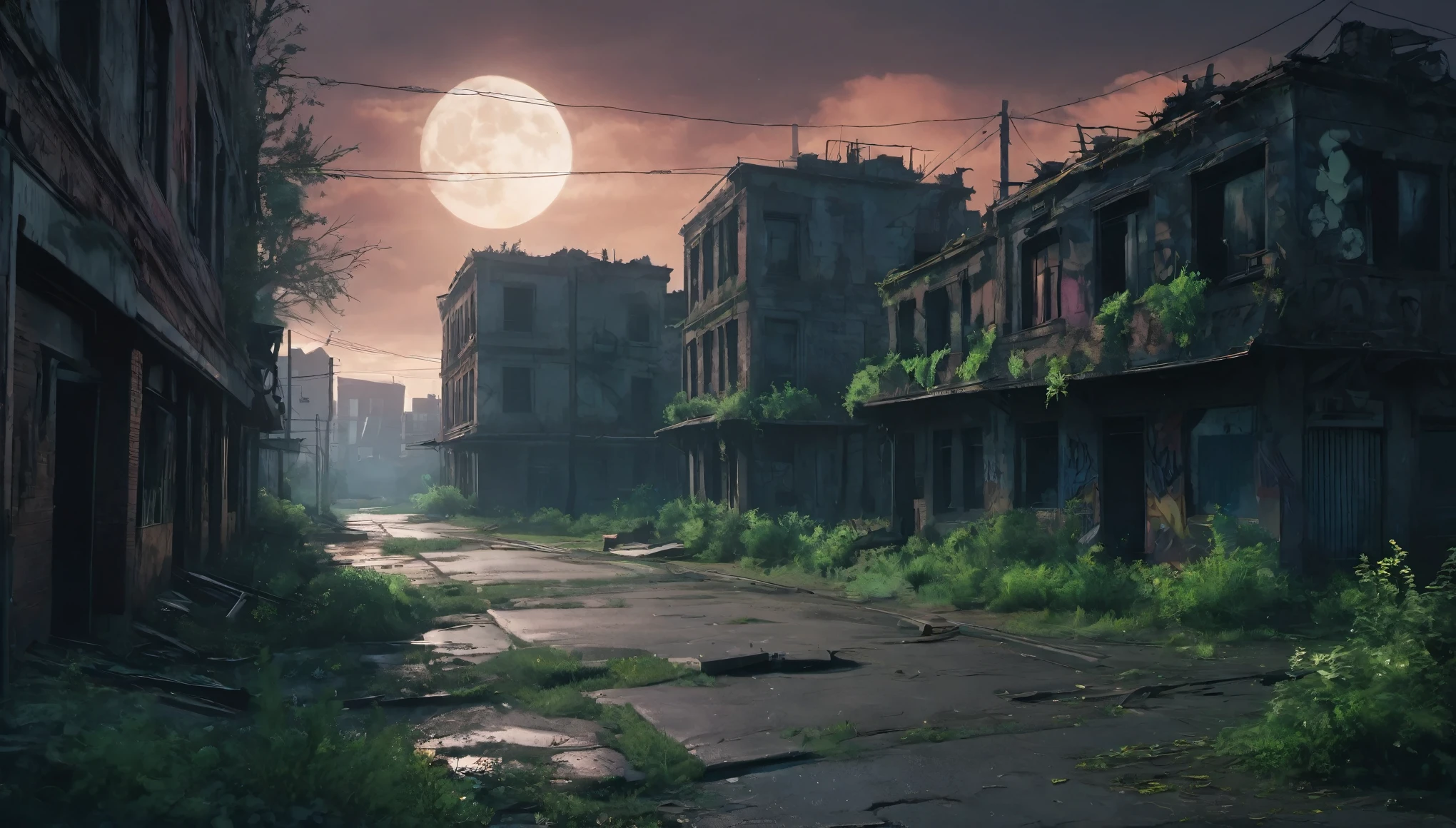 Abandoned city night view,Desolate atmosphere,Night view,Abandoned buildings,Dilapidated streets,faded graffiti,Ominous darkness,overgrown vegetation,Post-apocalyptic feelinelancholic color palette,dramatic contrast,intense shading,clouds under moonlight,surreal atmosphere,Dystopian background,frotting,A sky full of starest quality,4k,8k,highres,masterpiece:1.2,ultra-detailed,realistic:1.37,