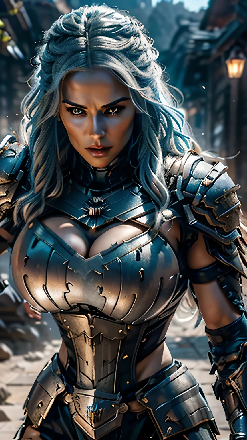 8K,asgard female warrior with very ???????????,Super beautiful(like the real thing),black very large ????? armor,realistic skin,luxury black pants,Has a large, long black spear,????,muscular slim body,ripped abs,black shoulder armor,black waist armor,black leg armor,desert, rich colors, Backlight, cinematic lighting, film grain, RAW, 50mm lens,nikon　D850,ultra high resolution,Super realistic,goddess,battle scene,action scene,action pose,shine a light on the face, long wavy blue hair, the Witcher, the Witcher armor, yennefer