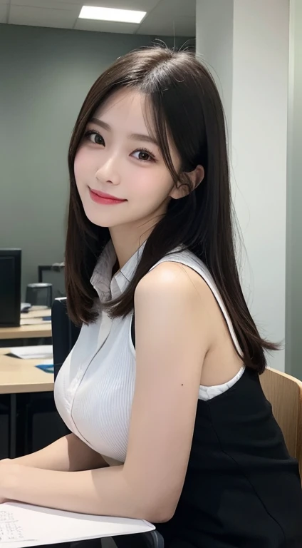 masutepiece, Best Quality, Illustration, Ultra-detailed, finely detail, hight resolution, 8K Wallpaper, Perfect dynamic composition, Beautiful detailed eyes, japanese office uniform, long black hair, medium large breasts, slender figure, natural color lip, Bold sexy poses,Smile, office、20 years girl、Cute sexy shot looking at camera, full body shot