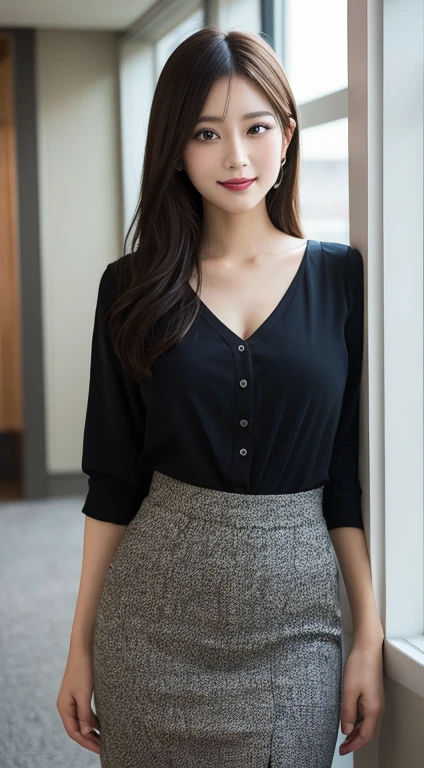 masutepiece, Best Quality, Illustration, Ultra-detailed, finely detail, hight resolution, 8K Wallpaper, Perfect dynamic composition, Beautiful detailed eyes, japanese office uniform, long black hair, medium large breasts, slender figure, natural color lip, Bold sexy poses,Smile, office、20 years girl、Cute sexy shot looking at camera, full body shot