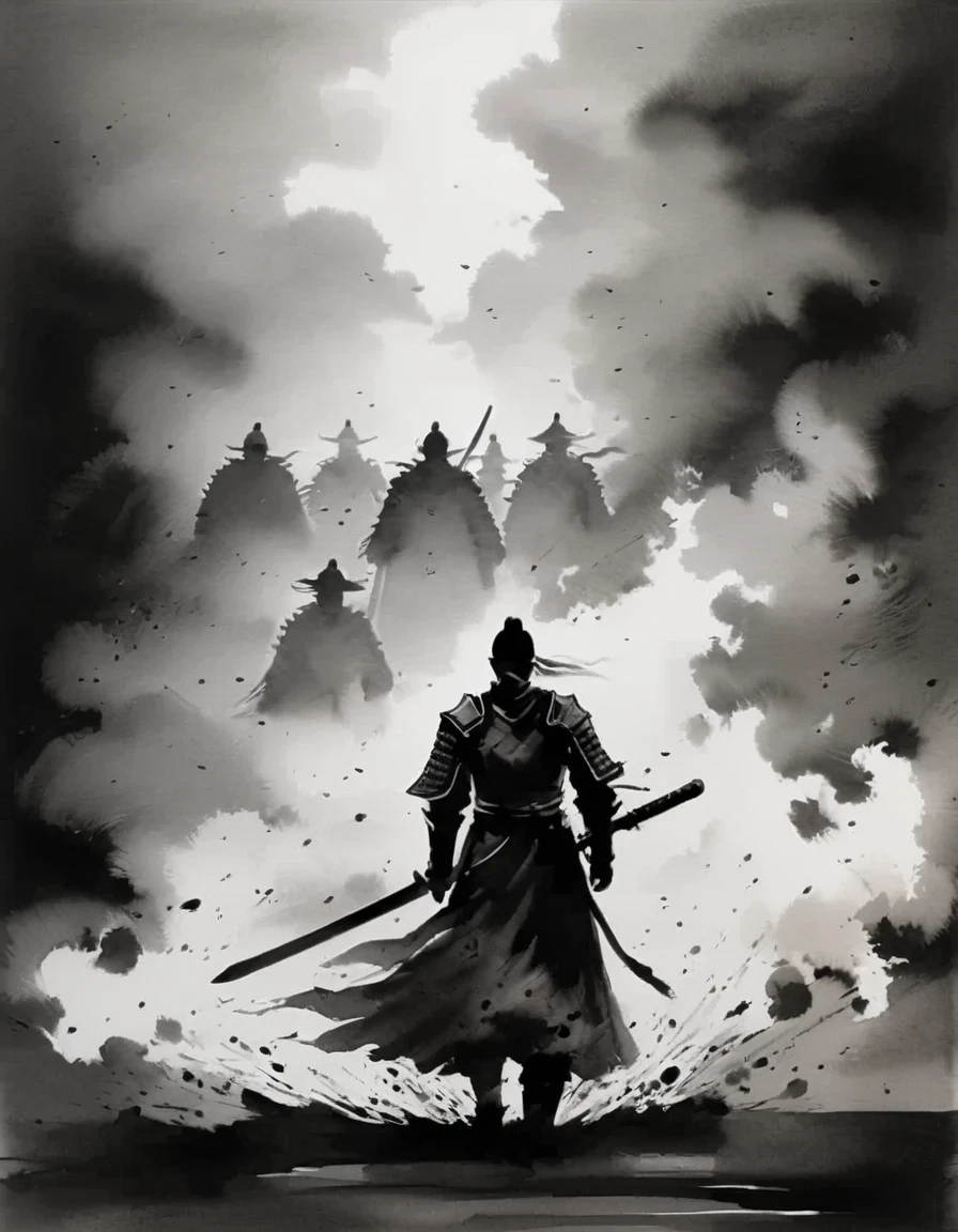 （young knight：1.3）, the story of chivalrous, silhouette, made of mist, black and white art, in the style of emphasis on negative space, chiaroscuro portraitures, in the style of shodo, eastern brushwork, comic art, mono-ha, disintegrated, speedpainting, made of mist, comic art