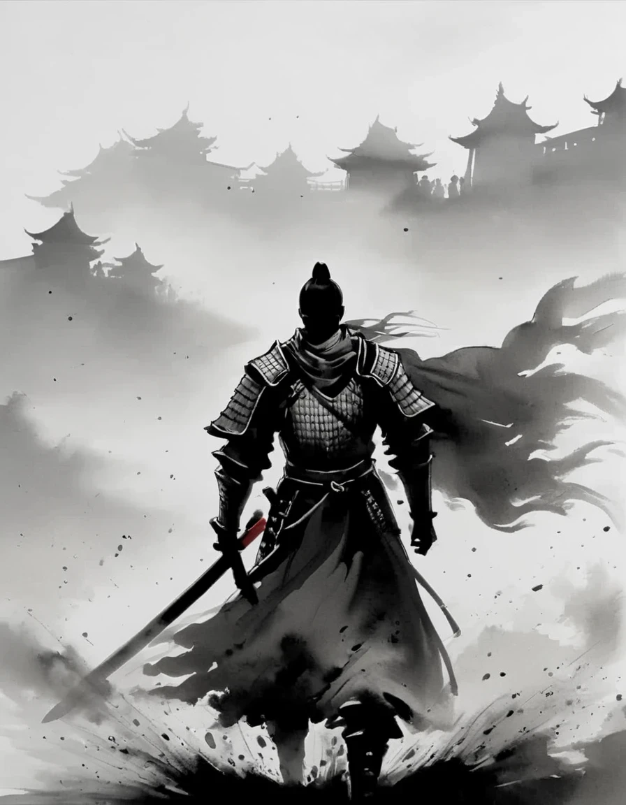 （young knight：1.3）, the story of chivalrous, silhouette, made of mist, black and white art, in the style of emphasis on negative space, chiaroscuro portraitures, in the style of shodo, eastern brushwork, comic art, mono-ha, disintegrated, speedpainting, made of mist, comic art