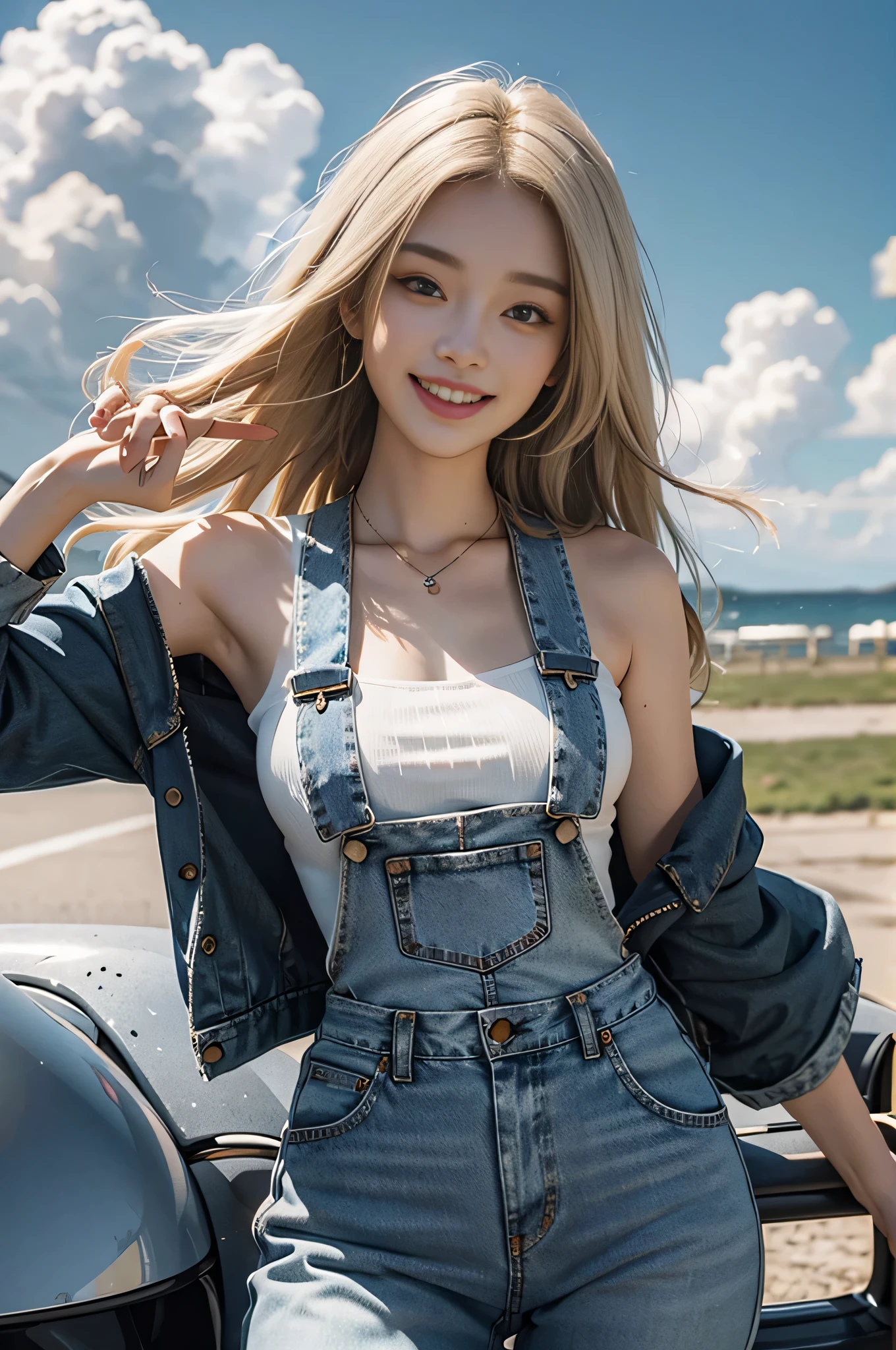 highest quality, Ultra-high resolution, masterpiece, Photorealistic: 1.8), pore, Accuracy, Ranch, horse、 High and wide, White clouds overhead, Sky, face is in the center of the screen, Denim overalls, Sleeveless shirt、Ample breasts, Pale white light, young woman, 17 years old、Blonde、Blue Eyes、short hair、 smile, Laugh happily、hold pitchfork in hand、Open your mouth、White teeth、A glimpse of the chest, Detailed Description, cute,