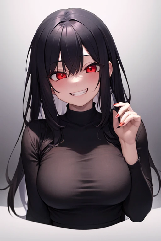 Young girl, black hair, pale skin, vampire, vampire tooth, smiling, in a throne, wearing black lingerie, red walls behind, sensual position, sexy, sensual face, excited, ahegao, 4k, sexual plesure