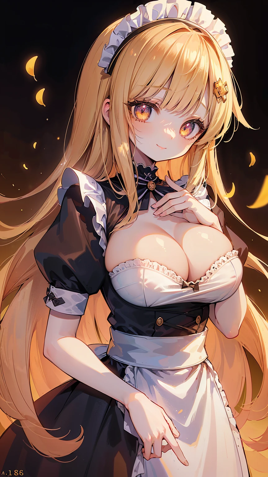 18 year old beautiful girl, big eyes, large breasts,  and slender, 8K, top quality, (very detailed head: 1.0), (very detailed face: 1.0), (very detailed hair: 1.0), maid clothes, very detailed official artwork, anime moe art style, clean detailed anime art, smile, golden hair, smooth long hair