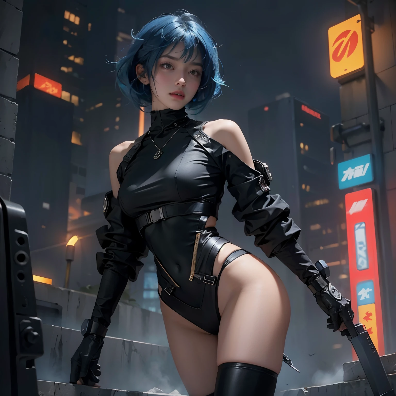 Beautiful woman medium hair,cyberpunk style short clothes,beautiful thighs,blue hair,accentuate hip