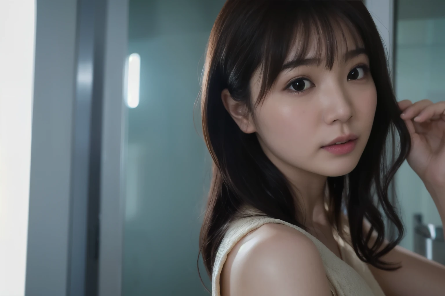 There is a young woman combing her hair in the bathroom, Soft portrait shots 8 k, Beautiful Taiwanese mixed-race woman, sweet and cute - delicate face, 27-year-old cute pale Asian beauty face aesthetic, 🤤 Real girl photography portrait, Super realistic young photo idol, Realism,Real life scenes are completely reflected in this photo,. soft light, Shot with Canon EOS 5D Mark IV, 8K Artgerm bokeh, Sexy, cute and delicate face