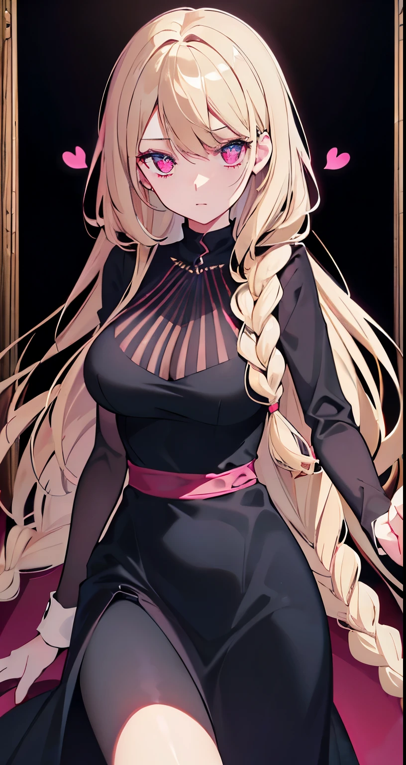 ((Beautiful Beautiful Girl)),(dark pink heart color eyes), 1  and slender woman, degree々big breasts, ((light beige color hair)),((long braided hair)),In 8K, Best quality, (highly detailed head: 1.0), (very detailed face: 1.0), (Highly detailed hair: 1.0),((black dress Clothes )),Detailed official artwork, Beautiful detailed anime art,