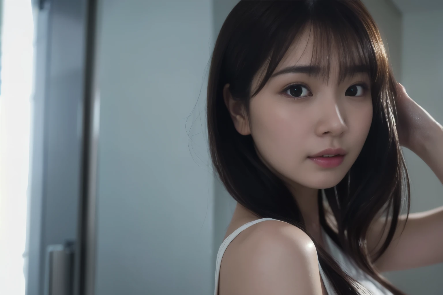 There is a young woman combing her hair in the bathroom, Soft portrait shots 8 k, Beautiful Taiwanese mixed-race woman, sweet and cute - delicate face, 27-year-old cute pale Asian beauty face aesthetic， 🤤 Real girl photography portrait, Super realistic young photo idol, Realism，Real life scenes are completely reflected in this photo，. soft light, Shot with Canon EOS 5D Mark IV, 8K Artgerm bokeh, Sexy, cute and delicate face