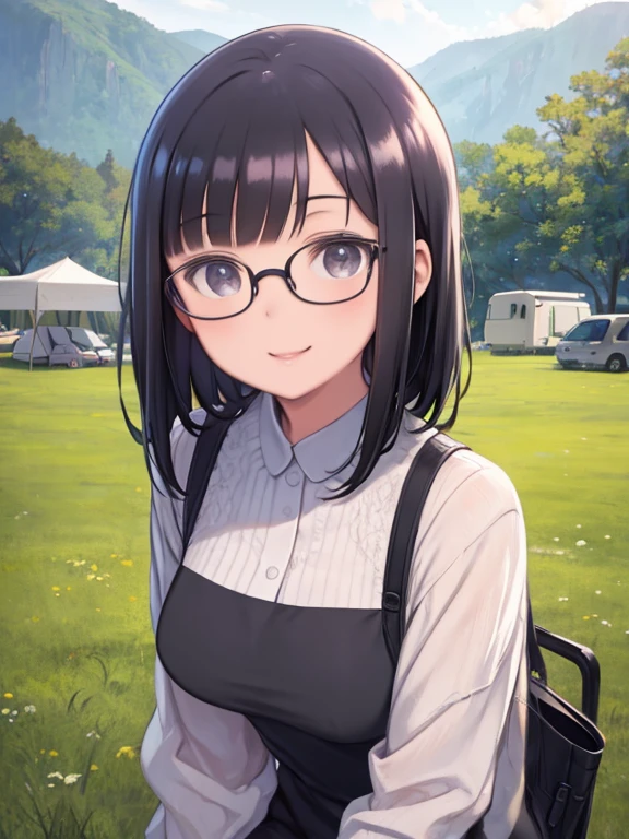 masterpiece, highest quality、Super Detail、Medium Wide Shot、Mature Woman、Narrow eyes、Long Black Hair、Trimmed bangs、Round Glasses、Smiling、camp site、grassland、