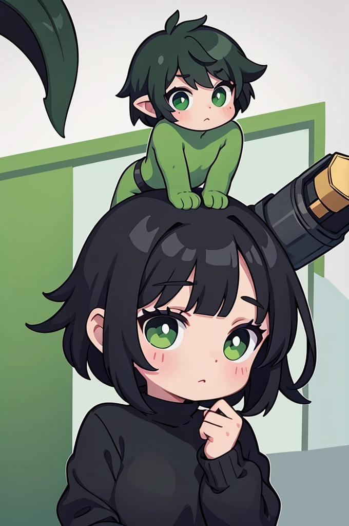 A green goblin with.black hair,bangs hair,tomboy cute