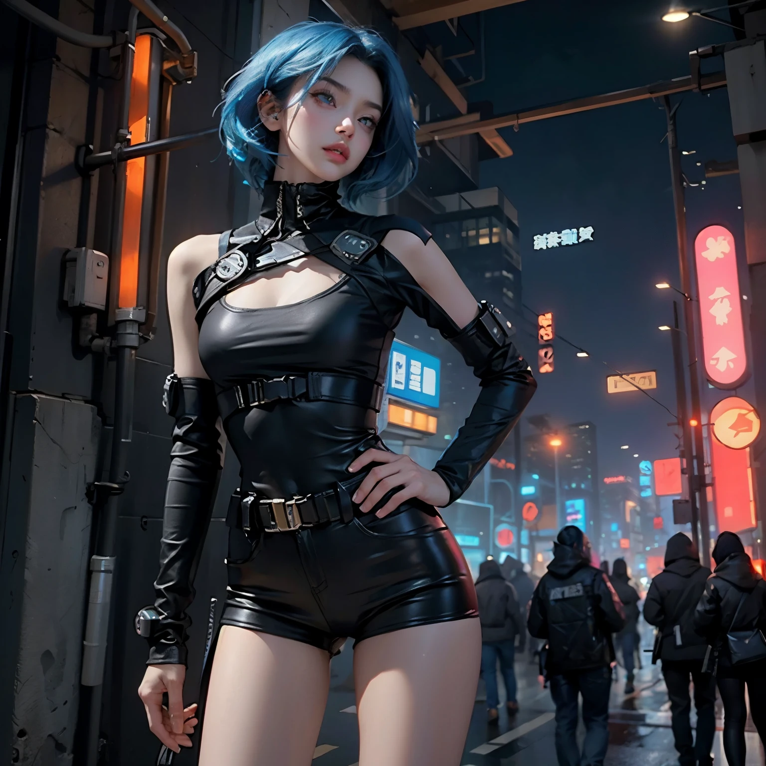 Beautiful woman medium hair,cyberpunk style short clothes,beautiful thighs,blue hair,accentuate hip