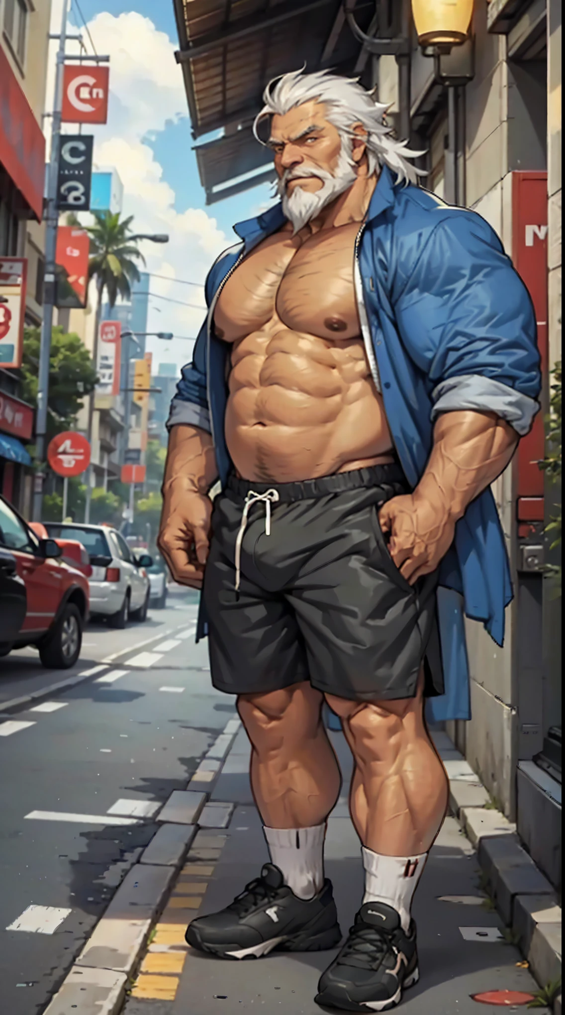 chubby old man in street city, old man, thick arm, huge arm, bearded. white hair and beard, bearded, muscular, pectoral, wide pectoral, beach, palm, realistic, 8k, masterpiece, (wearing shorts and shirtless, shoes)