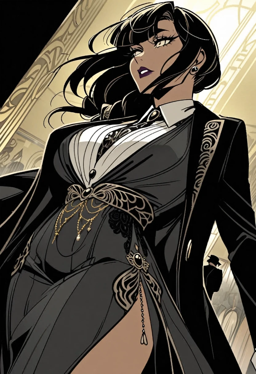Curvy queen Latifah as mob boss, Mafia, grim, angle view, evocative, dark, classy, elegant, dangerous sensuality, dress, overcoat, (jazz age, art deco outfit), longer hair, soft features