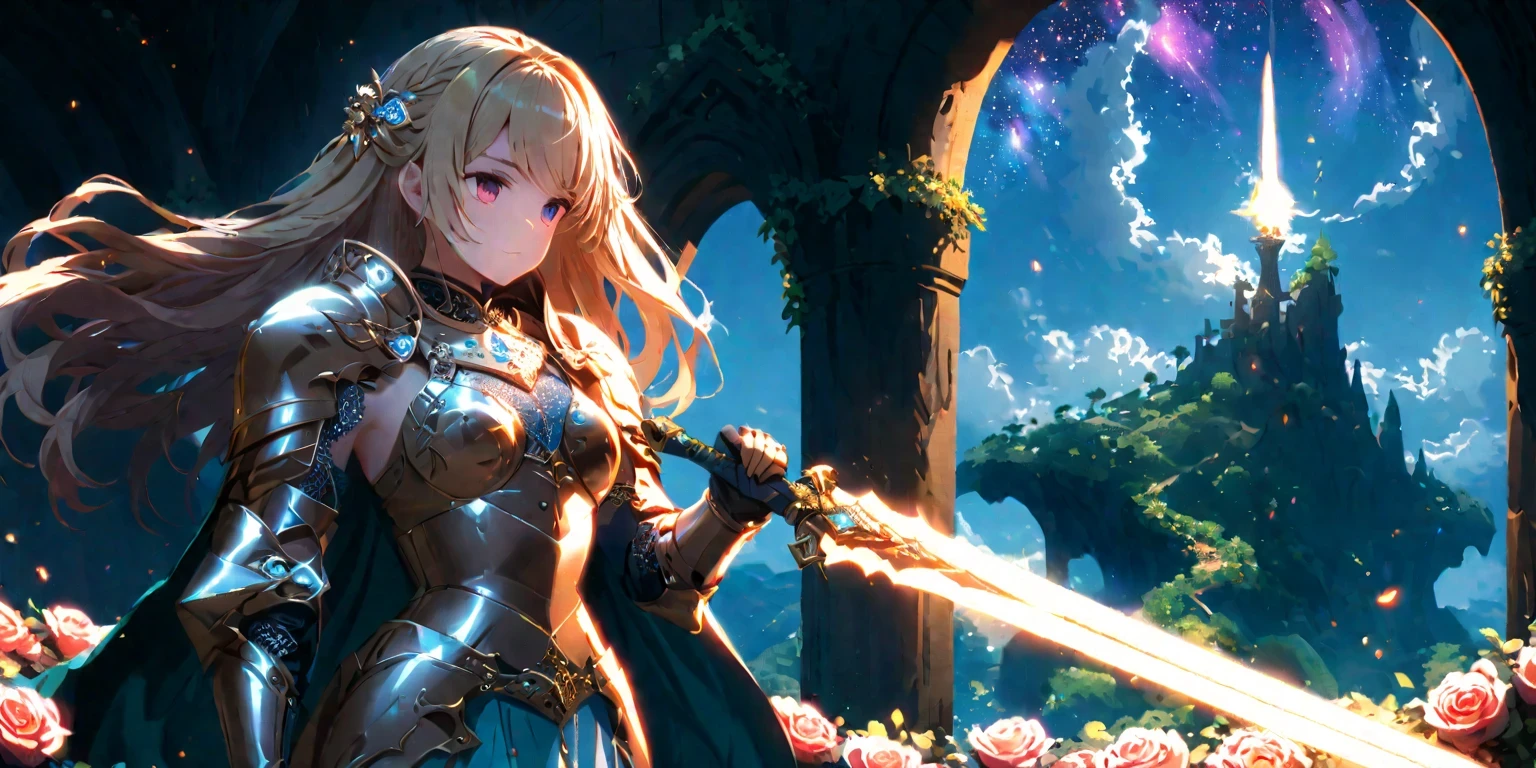 diy24,Adorned in shimmering armor, a blonde fantasy warrior stands tall in an enchanted rose garden, her iridescent sword casting a beacon of light amidst the darkness. In another scene, she is seen in a radiant landscape filled with floating islands against a starry sky, evoking a sense of adventure and exploration with her glowing presence.
