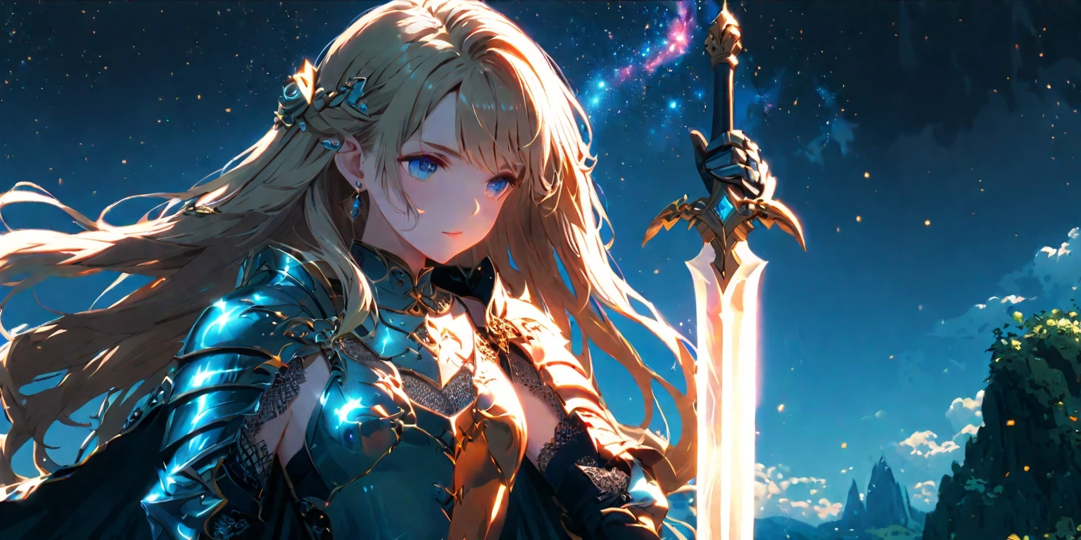 diy24,Adorned in shimmering armor, a blonde fantasy warrior stands tall in an enchanted rose garden, her iridescent sword casting a beacon of light amidst the darkness. In another scene, she is seen in a radiant landscape filled with floating islands against a starry sky, evoking a sense of adventure and exploration with her glowing presence.
