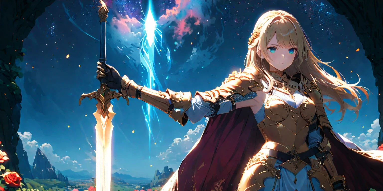 diy24,Adorned in shimmering armor, a blonde fantasy warrior stands tall in an enchanted rose garden, her iridescent sword casting a beacon of light amidst the darkness. In another scene, she is seen in a radiant landscape filled with floating islands against a starry sky, evoking a sense of adventure and exploration with her glowing presence.
