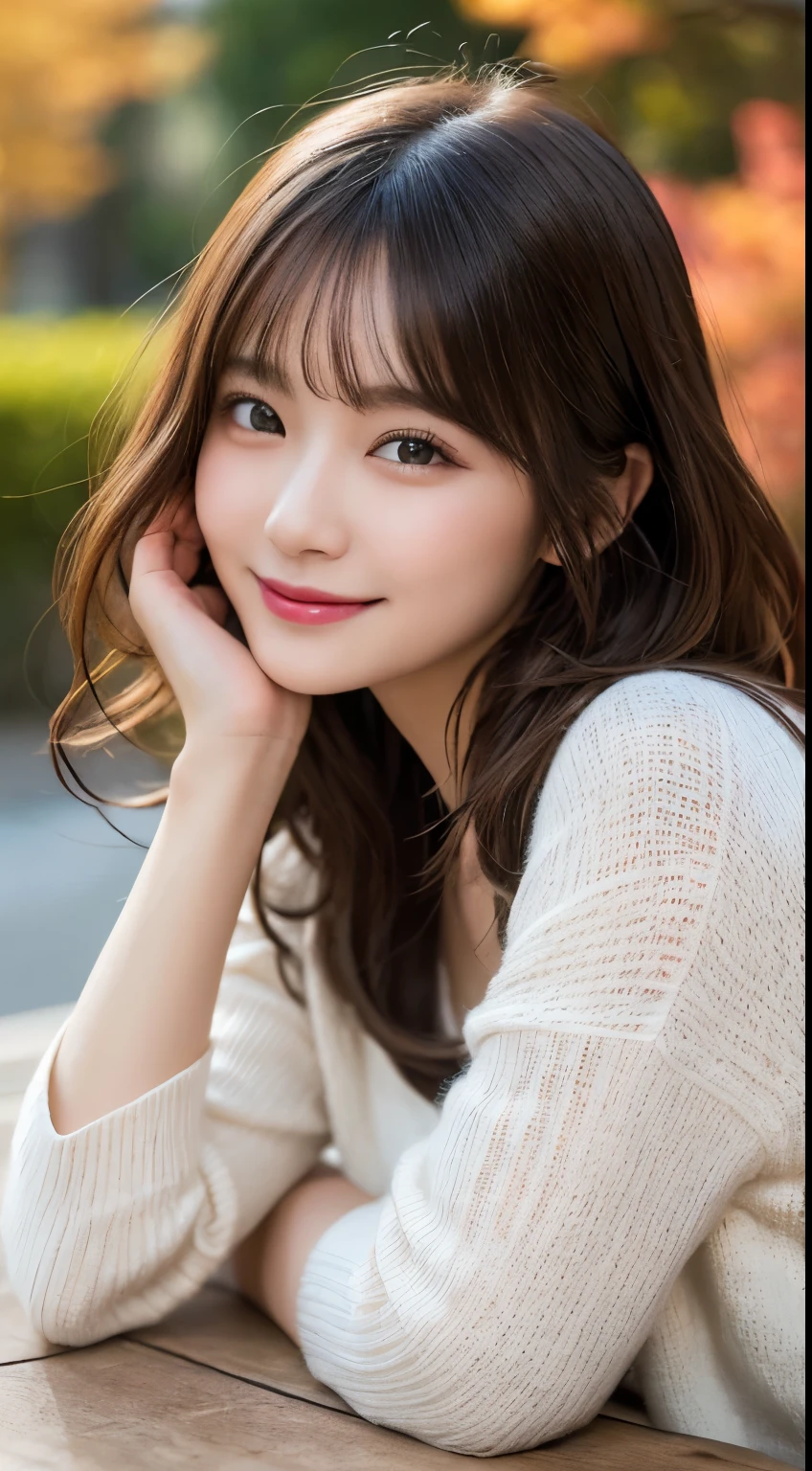Tabletop, highest quality, shape, Very detailed, In detail, High resolution, 8k wallpaper, Perfect dynamic composition, Beautiful details, Autumn fashion for women,Wavy Hair,Huge 、Natural color lip, Bold sexy pose,smile,Harajuku、20-year-old girl、cute、sexy shot looking at camera、Face close-up