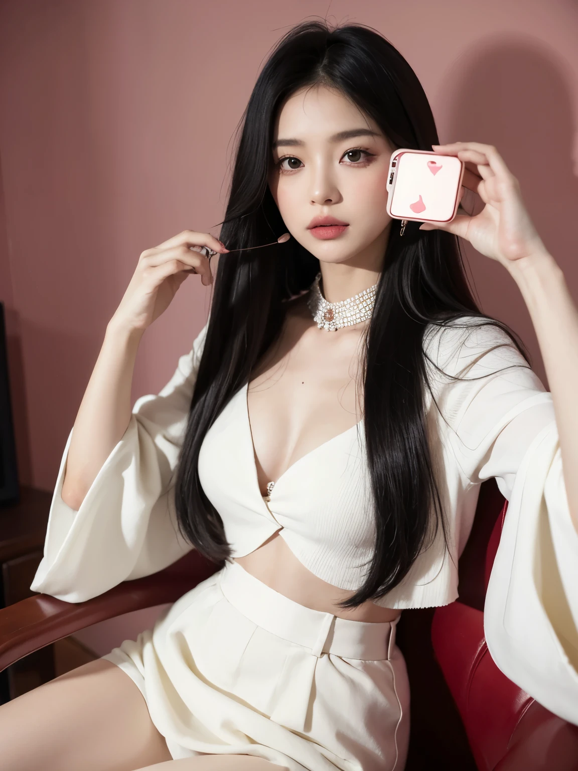 Kim jennie con el cabello negro oscuro, con rulos en las puntas del cabello negro oscuro, con un ganchito de estrella en el cabello negro oscuro, ojos de color claro, ojos bonitos, ojos llorosos, nariz bonita y respingada, labios bonitos, labios rosas, heart and cupid shaped lip, piel bonita, pale, piel blanca, con lunares y pecas en todo el rostro, rubor rosa suave en las mejilla, rubor rosa natural, maquillaje suave y rosa, jennie, cuellos bonito, cuello marcado, frown, mirada enojada, con un collar de beso, un collar bonito de beso, mientras tiene un traje de Yumeko Jabami, cospaly de Yumeko Jabami, mientras tiene una camisa blanca, con tiene un traje de color rojo encima de su camisa blanca, apretado a su cuerpo, con una falta negra corta mientras tiene el abdomen desnudo, delgado, marcado y bonito, (pechos grandes, pechos suaves, pechos bonitos, pechos naturales), mientras esta haciendo cospaly del personaje Yumeko Jabami, del anime Kakegurui, mirando a la camara, autofoto, selfie bonita