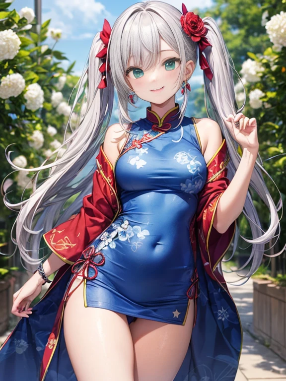 小さなgirl、Small breasts、The arrival of spring、Thick thighs、 (alone:1.5,)Very detailed,Bright colors, Very beautiful detailed anime faces and eyes, Look straight ahead,, Shiny_skin,girl, ((Silver long hair,The inner color is red)) 、Forehead is exposed.、Green Eyes、Glasses、Shiny hair, Delicate beautiful face, blush、(Turquoise Eyes), White skin, Valletta, Earrings,、blue flower field、(((Star pattern pink、Loosely dressed、Long China Clothing、Blue Bloomer)))、Twin tails、smile、smile、Face dyed red、hide thighs