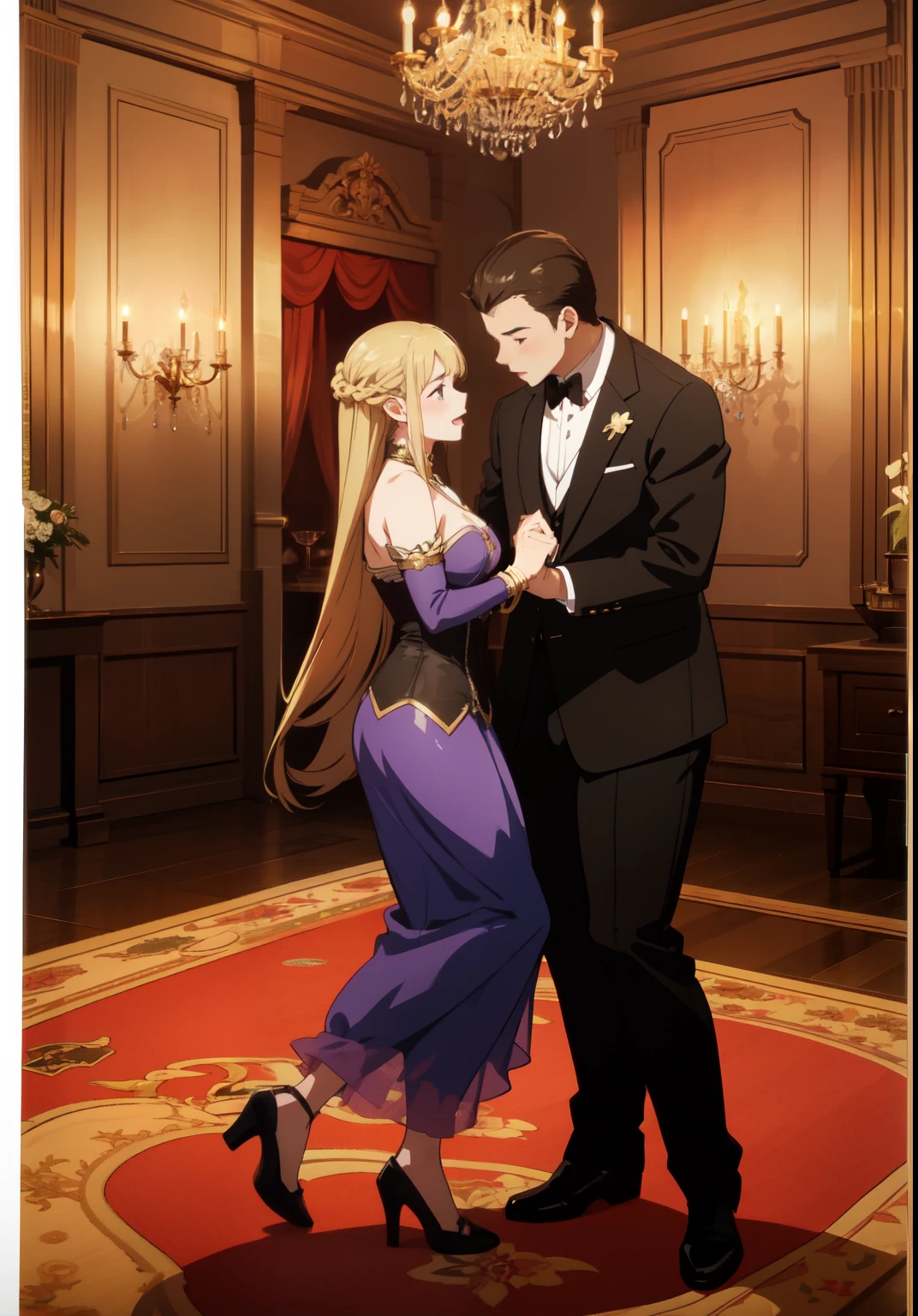 ((Anime)) ,(((Girl and boy))), (((dancing at the ball))), (masterpiece:1.2), Best quality, a high resolution, unity 8k wallpaper, (illustration:1.2), (very detailed face), (Perfect hands), (Ideal Anatomy), (girl with long black hair), (girl with lilac eyes), (girl in a black dress with a corset), (dress with blue transparent sleeves), ((Guy blonde)), ((short wide guy)), ((very muscular guy)), (((stocky guy:1.2))), very beautiful ballroom, luxurious hall, Magnificent chandelier, Beautiful carpet, night ball, night