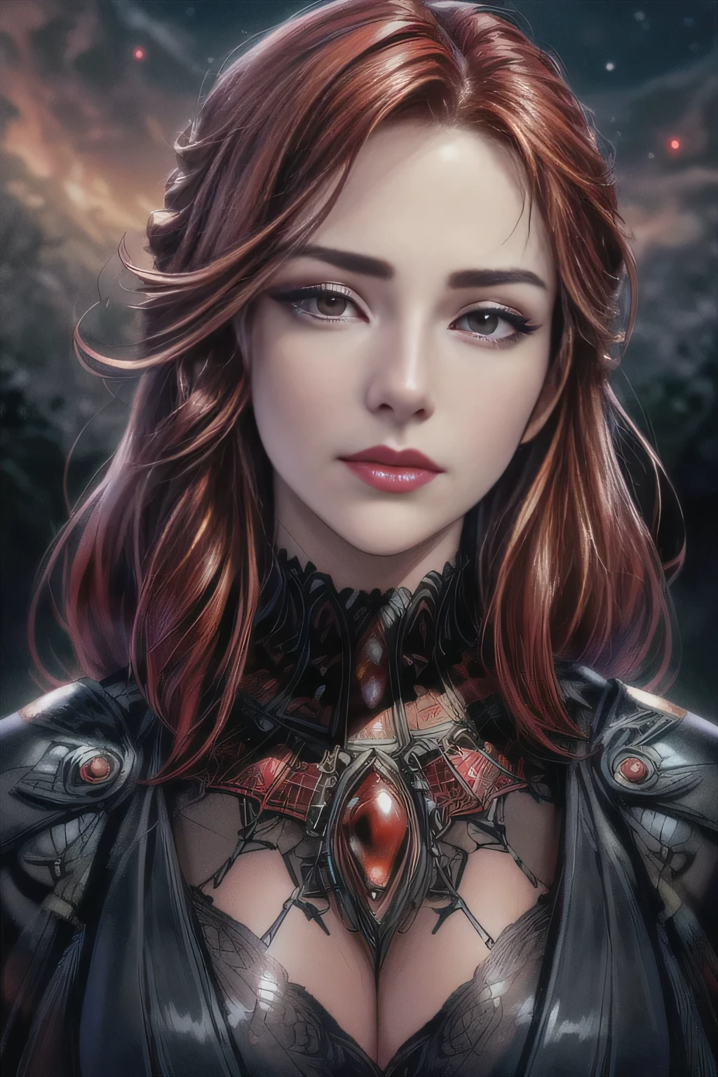 face close up, portrait shot, ((vivid red hair)), mature woman, 30 years old, diamond face, moonlight, red starry sky background, depth of field, magic, big red lips, ((dark and red black eyes)) black and red long and full dress, covered chest, mystical atmosphere, ominous shadows, Intense blue aura, Intense red aura (best quality:1.2), absurdres, intricate details, (highly detailed skin:1.2), smile expression, posing, taut and well defined body, attractive. Highly realistic, pale skin, beautiful, hyperrealism, skin very elaborated, direct gaze, (RAW, analogue, Nikon Z 14mm ultra-wide angle lens, award-winning glamour photograph, ((best quality)), ((masterpiece)), ((realistic)), skin pores, subsurface scattering, high-res, detailed facial features, high detail, sharp focus, smooth, aesthetic, extremely detailed, (extremely detailed eyes, extremely detailed iris), extremely detailed hair, extremely detailed skin, extremely detailed clothes, octane render, photorealistic, realistic, post-processing, max detail, realistic shadows, roughness, natural skin texture, real life, ultra-realistic, photorealism, photography, 8k UHD, photography, hdr, intricate, elegant, highly detailed, sharp focus, stunning, beautiful, gorgeous), realistic, masterpiece, highest quality, movie still, cloud girl, floating in the sky, (close-up:1.1), medium breast, bright, happy, fun, soft lighting,