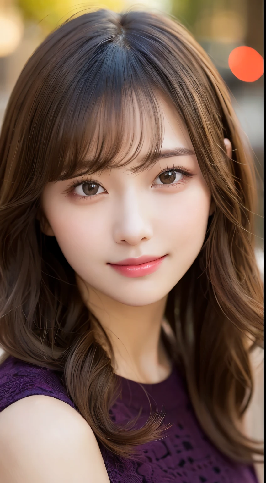 Tabletop, highest quality, shape, Very detailed, In detail, High resolution, 8k wallpaper, Perfect dynamic composition, Beautiful details, Autumn fashion for women,Wavy Hair,Huge 、Natural color lip, Bold sexy pose,smile,Harajuku、20-year-old girl、cute、sexy shot looking at camera、Face close-up