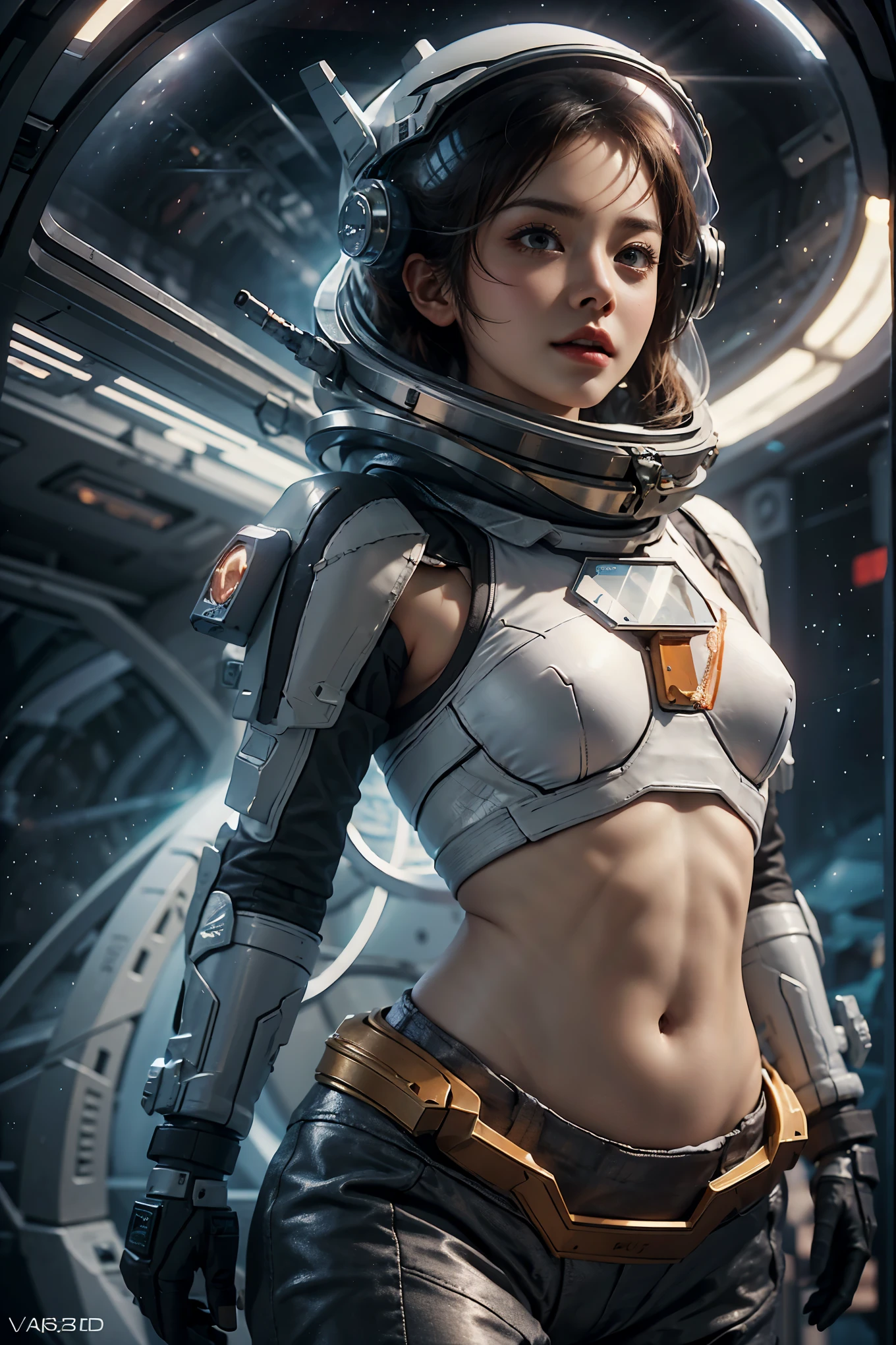 A very beautiful girl，Wear a white sports bra，shorter pants，Bigchest，long sexy legs，scifi style，In spaceships，Mysterious smile，3d magical details，James Jane Soft Light，4K，yuri shwedoff and tom bagshaw，beautiful digital artworks，Sylvain Sarel and Igor Mosky