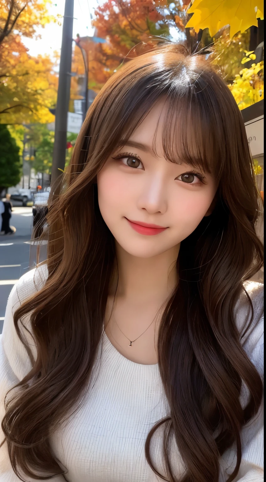 Tabletop, highest quality, shape, Very detailed, In detail, High resolution, 8k wallpaper, Perfect dynamic composition, Beautiful details, Autumn fashion for women,Wavy Hair,Huge 、Natural color lip, Bold sexy pose,smile,Harajuku、20-year-old girl、cute、sexy shot looking at camera、Face close-up