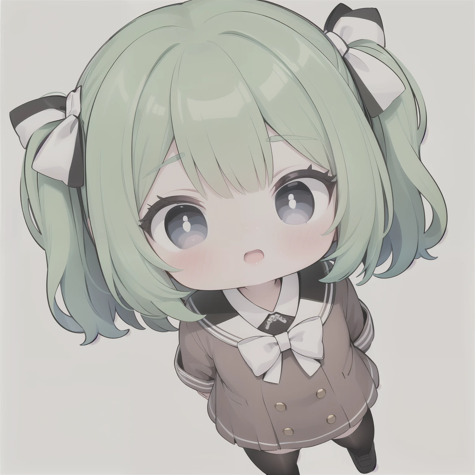 Young woman, Green hair, square, black eyes, white bow on head, brown clothes, Simple background, view from above.
