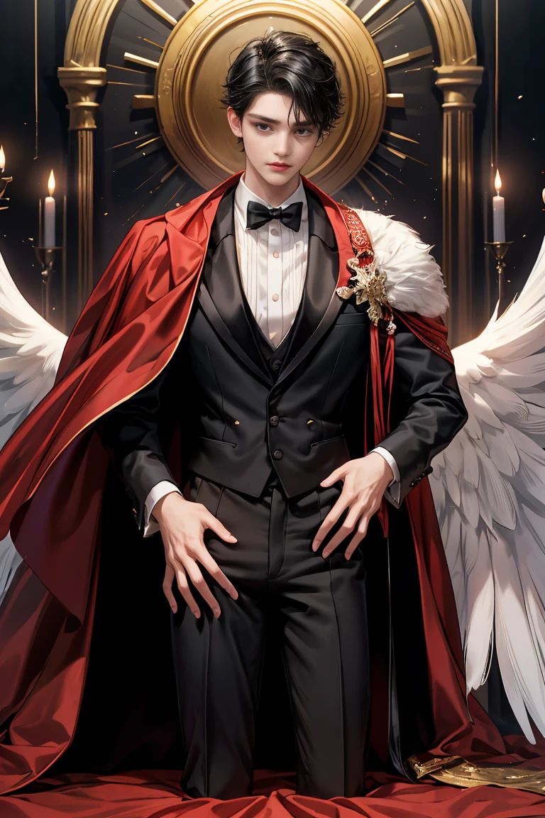 masterpiece, 最high quality, high quality, 1 boy, alone, Male focus, Watching the audience, Messy black hair, blue adorable big eyes, White, Noble, Noble, beautiful angel、Big Feather、He was wearing a tuxedo with a really big stand-up collar and a really big, really long red and black cape made of a lot of fabric that reached down to the floor longer than his height., ,cute beautiful boy,cute cute handsome boy
