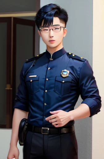 [master piece], [a handsome chinese guy], [pretty younng], ((21 years old)), [black hair], glasses, dressed as a police officer, navy blue uniform, asian hair cut, [Asian features],