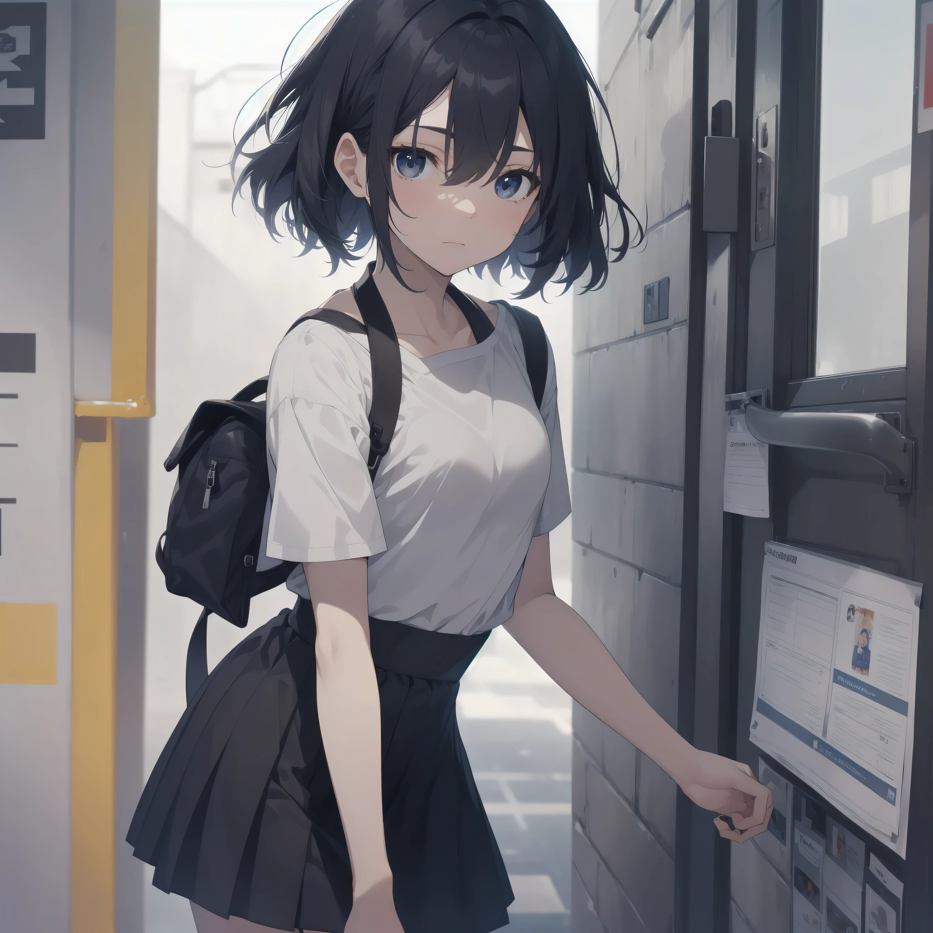 ultra-absurdres-Top quality by artist God, ultra-detailed, high resolution, anime moe artstyle, best anime 8k konachan wallpaper, pixiv contest winner,pool:2810, perfect anatomy,break, 1girl, (Please draw a girl walking sleepily to school alone. )break,(Solo,little female, :1.3),Full limbs, complete fingers,a junior high school student, (very short hair), short cut, flat chest, , small butt, smallck eyes, beautiful detailed eyes, well-proportioned iris and pupils, expressive eyes, highres detailed hair, soft expression, school_uniform, official_alternate_costume, pleated skirt,(Detailed Lighting), (Detailed background), in the School commute route. break,super detailed skin, Best cinematic lighting powered by famous artist, 8k,beauty illustration,photoshop_(medium),very aesthetic,break,((artist:ixy )), artist:akinashi yuu ,artist:oyari ashito ,artist:kantoku ,