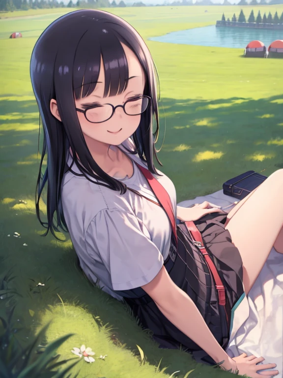 masterpiece, highest quality、Super Detail、Medium Wide Shot、Mature Woman、Thin eyes、Smiling with eyes closed、Long Black Hair、Trimmed bangs、Round Glasses、Smiling、camp site、grassland