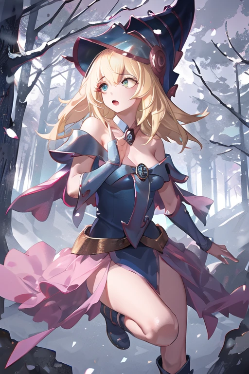 dark magician girl, mksks style, (Highly detailed background:1.0), (Highly detailed background:1.0), masterpiece, highest quality, (One girl), alone, (forest), Long Hair, Blonde, Blue hat, Wizard Hat, Casting a Spell, nature, wood:1.2, Motion Blur, magic, (moonlight:1.2), chromatic aberration, Depth of written boundary, Soft lighting, Highly detailed face, Highly detailed eyes ,((highest quality)), ((masterpiece)), ((Perfect Face))、