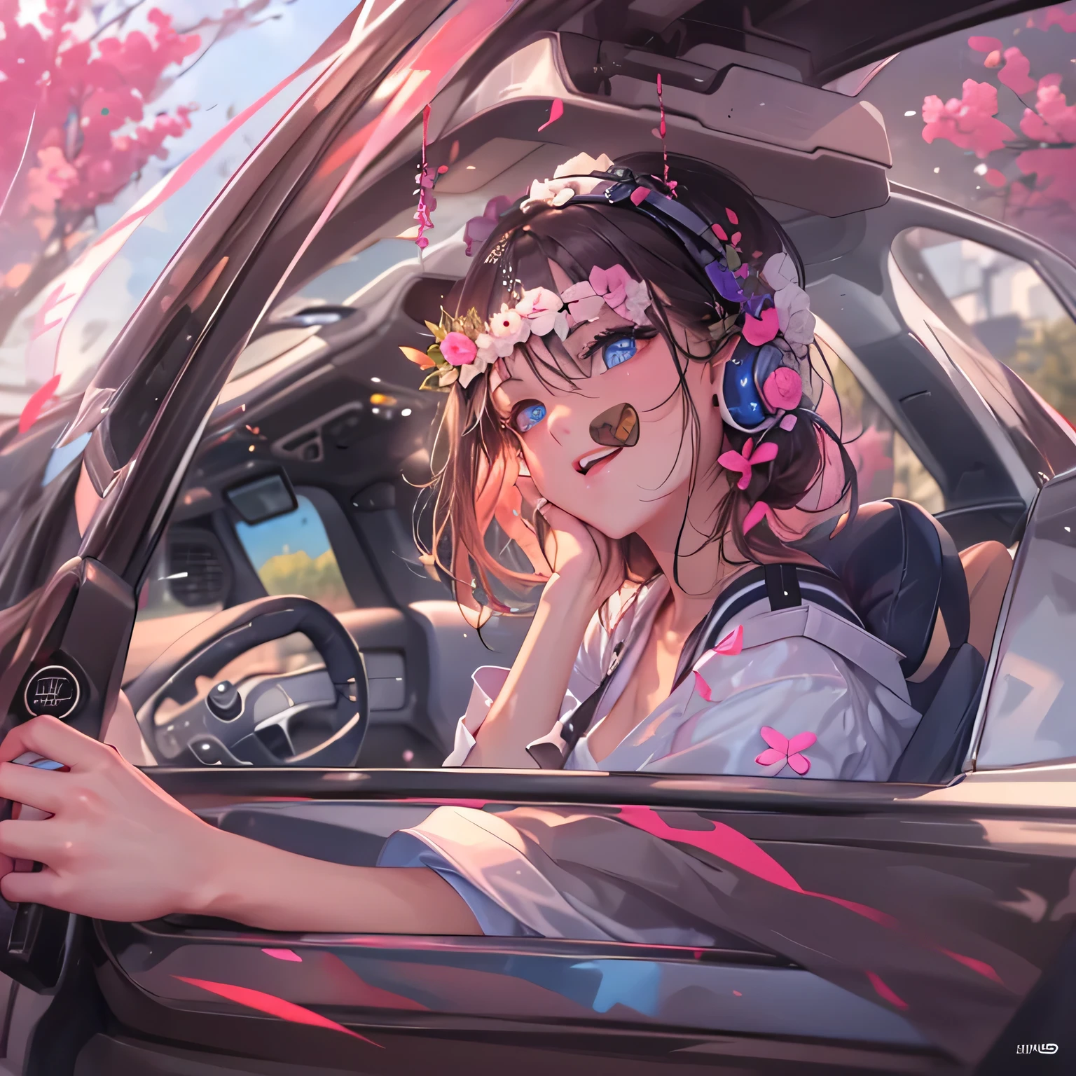 ((highest quality)), ((masterpiece)), (Get used to it), Perfect Face , beautiful girl , Get in the passenger seat of the car , summer ,